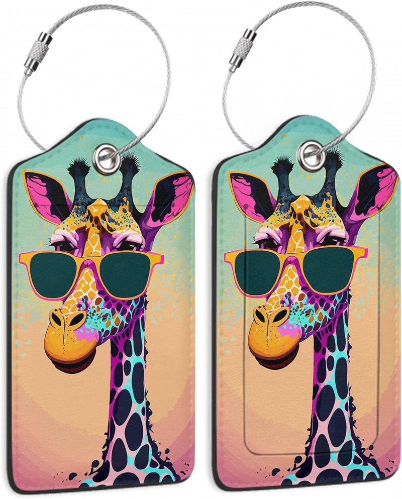 SKYDAWNY Luggage Tags for Suitcase,2 Pack Funny Giraffe Sunglasses Luggage Tag PU Leather Privacy Cover ID Label with Stainless Steel Loop for Women Men Teens Travel - Image 1